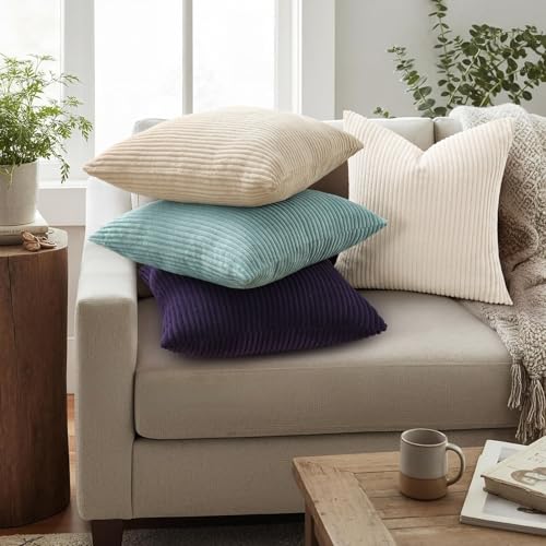 Image of Mecatny Corduroy Decorative Throw Pillow Covers 18x18 Set of 2 for Sofa Living Room, Soft Neutral Boho Couch Pillow Covers for Home Decor, Aqua