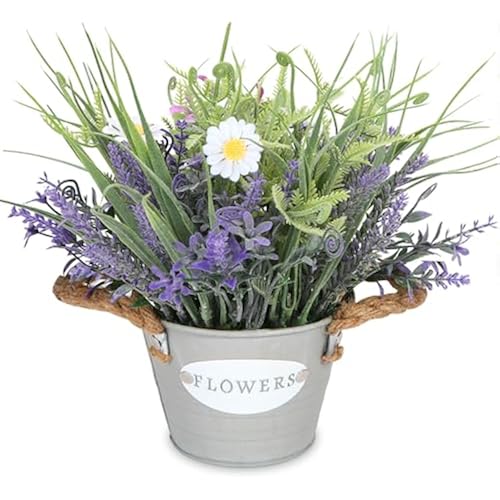 Artificial Lavender Plant 10" Purple Flowers with White Daisy in Galvanized Pot - Farmhouse Decor for Home Living Room Bedroom Bathroom Coffee Table
