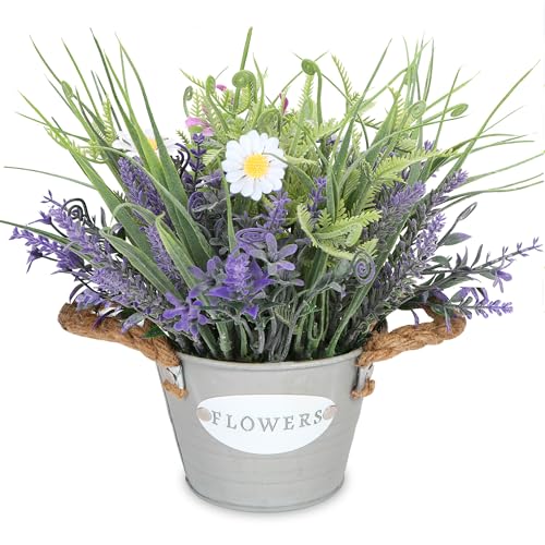 MIXROSE Artificial Lavender Plant 10" Purple Flowers with White Daisy in Galvanized Pot - Farmhouse Decor for Home Living Room Bedroom Bathroom Coffee Table