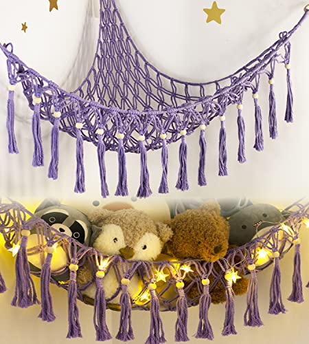 Image of Stuffed Animal Hammock Corner with LED Light - Toy Storage Hammock Plushie Net Organizer - Teddy Bear Stuffy Hammock - Purple Nursery Decor Baby Kids Bedroom Nursery Furniture