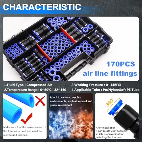 Image of mxuteuk 170PCS Quick Connect Air Hose Fittings,1 /8 1 /4 5 /16 3 /8 1 /2 inch & 4 /6 /8 /10 /12mm Straight Push to Connect Fittings,Quick Release Pneumatic Air Line Fitting