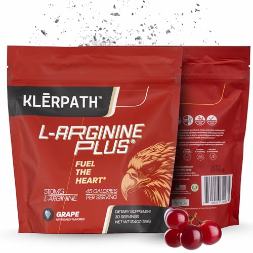 Klerpath L-Arginine Plus Powder with 5110 mg L-Arginine and 1010 mg L-Citrulline - Nitric Oxide Supplement for Blood Flow and Circulation - Grape Flavor 13.4 Ounces