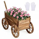 Giantex Wood Wagon Planter, Rustic Rolling Flower Pot Stand with Wheels, Handle...