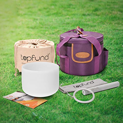 TOPFUND F Note Crystal Singing Bowl Heart Chakra 9 inch with Heavy Duty Carrying Case and Suede Striker