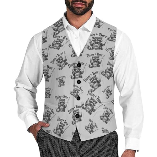 Fishing Beer Raccoon Suit Vest for Men Slim Fit Tuxedo Waistcoat Button Down V Neck Business Dress Coat