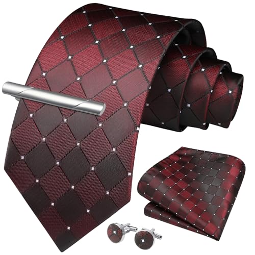 Image of HISDERN Plaid Ties for Men Classic Checkered Tie and Pocket Square Cufflinks Tie Clip Set Woven Men's Necktie Business