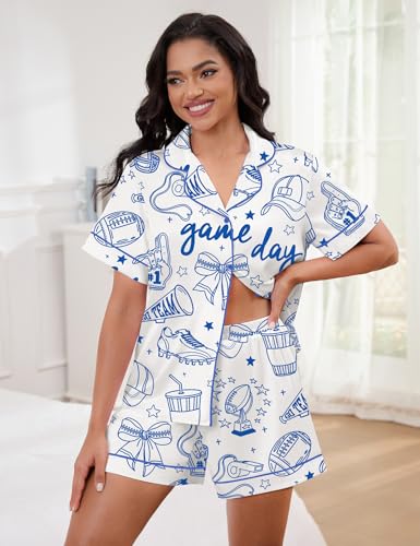 Image of SHESHOW Pajamas for Women Set Satin Button Down Short Sleeve Top and Shorts Pjs Sets Sport Ball Print Sleepwear XS-XXL