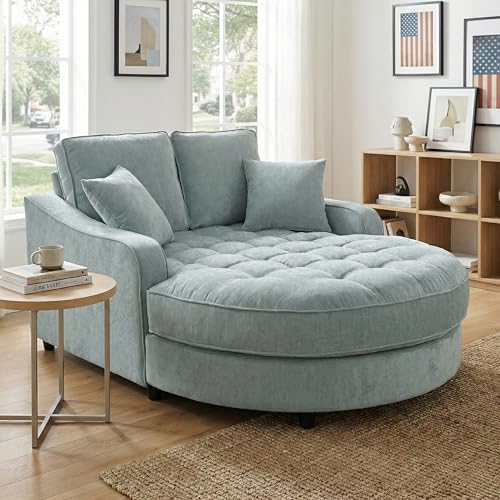Image of Christopher Knight Home 55 Inch Modern Chaise Lounge Sofa Bed, Upholstered Chenille Lounge Couch with Tufted Seat and Detachable Pillows Curved Accent Sofa for Living Room, Blue