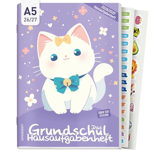 Häfft Hausaufgabenheft Grundschule 2026 2027 A5 mit Datum Cute Cat Das Grundschul-Hausaufgabenheft inkl. Lerntipps Sticker Mitteilungsfelder & mehr