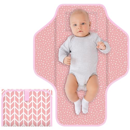 Image of CUXFLS Baby Portable Diaper Changing Pad, Foldable Travel Diapering Changing Mat with Built-in Pillow, Waterproof Compact Changing Pad for Newborn Baby Changing Station, Infant Gift(Pink Stripe)