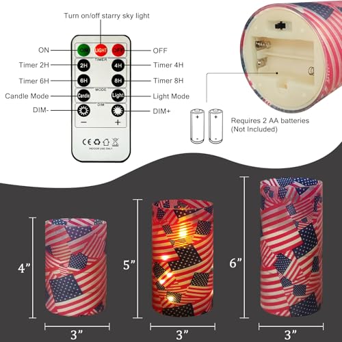 Image of NJAO HOO Flickering Flameless Candles, LED Candles 3D Wick Acrylic Battery Operated LED Pillar Candles with Remote and Timer for Day 4th of July Decor Set of 3(American Flag)