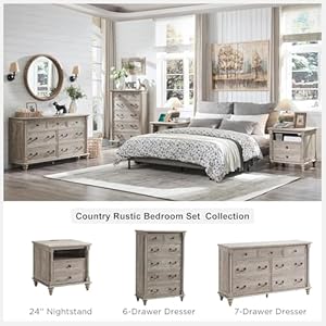 T4tream farmhouse 7 drawers dresser chests for bedroom w 4 column solid wood feet tall wide wood country rustic chest of drawers storage dressers for bedroom living room light rustic oak  urban country home decor