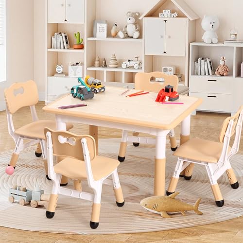 Image of Modern Kids Table and 4 Chair Set,31.5" Height Adjustable Toddler Table and 4 Chairs Set with Non-Slip Desk Legs&Organizer Graffiti Desktop,Preschool Activity Kids Table Set for Ages 2-10(Kakhi)