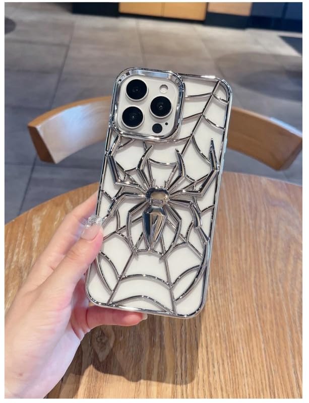 Image of COVERLY for iPhone 15 Spidey Web Silicone 3D Cartoon Clear Phone case, Full Protection Minimal Hollow Out Electroplated Heat Dissipation Metallic Paint Mobile Back Cover for Apple iPhone 15 (Silver)