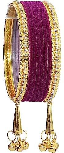 Image of NMII Metal with Zircon Gemstone and Velvet Studded Bells Latkan Bangles Set For Girls and Women I Latkan Bangles, Premium Bangle Bracelet Set I Pack of 16 Bangles