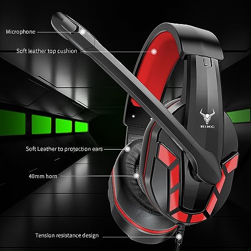 Image of Kikc PS4 Gaming Headset with Mic for Xbox One, PS5, PC, Mobile Phone and Notebook, Controllable Volume Gaming Headphones with Soft Earmuffs for Kid (Red)