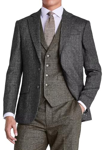 Men's Herringbone Tweed Blazer Wool Blend Suit Jacket Two Button Sport Coats for Prom Wedding