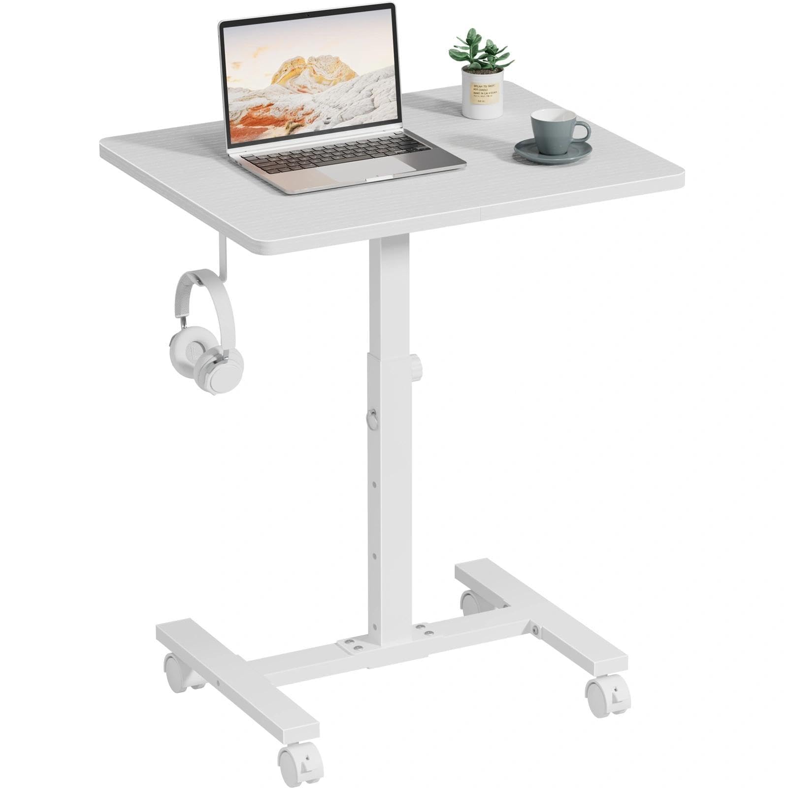 Small White Standing Rolling Desk - 24 Inch Portable Mobile Stand Up Kids Desk Adjustable Height with Wheels