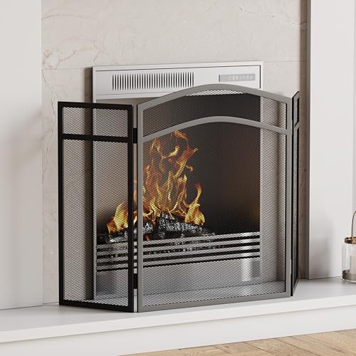 Milton Dreitafeliges Kamingitter mit Sichtfenster und geschwungenen Oberbereich sowie Funkenschutz, Schwarz von Fire Vida, 60.0x8.0x96.0