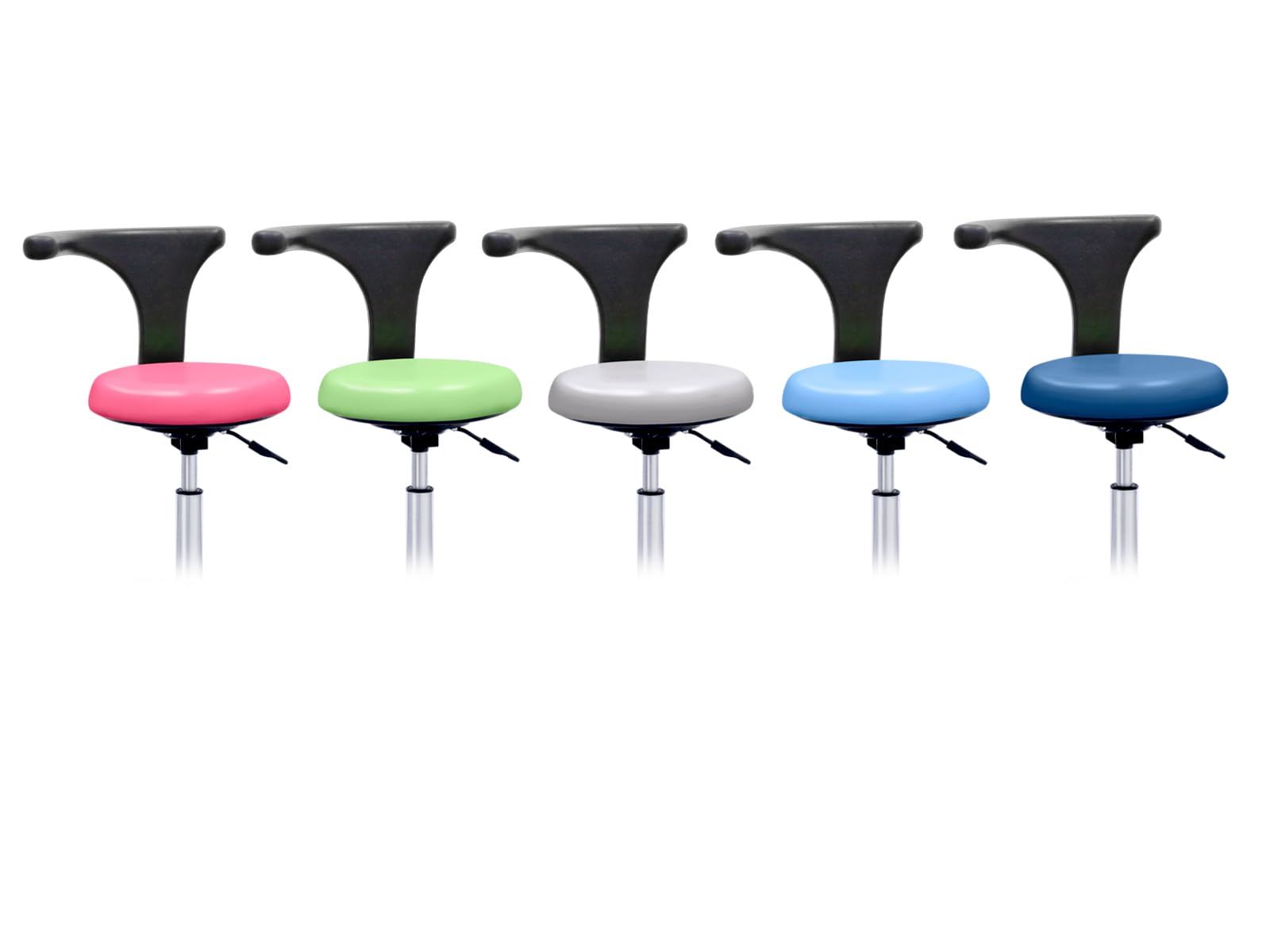 QUIRUMED Taburete con Respaldo ergonómico Profesional, Color Azul Marino, Estructura en Acero Inoxidable, Polipiel, Base con Ruedas, Asiento Regulable en Altura, hasta 120 kg