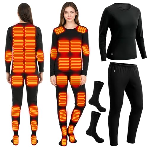 Cutecrop Heated Thermal Underwear and Socks Set for Women USB Intelligent Heated Thermals Top Pants Set Winter Outdoor 2XL Black