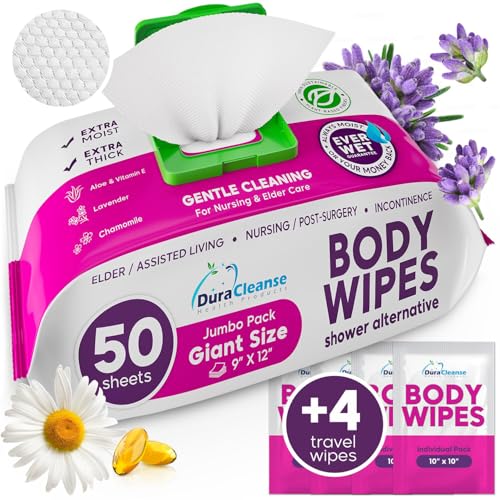 XL Bath Wipes for Adults Bathing No Rinse – 50 Count + 4 Travel Wipes – 9″x12″ Disposable Washcloths for Adults – Surgery Recovery Supplies, Elderly Incontinence & Health Care Products