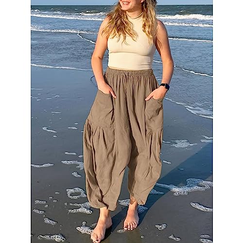 Women Wide Leg Linen Pants Summer Casual Drawstring High Waisted Palazzo Harem Pants with Pockets4