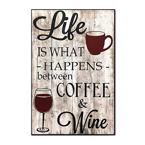 RainSunshine Rustic Wood Sign Life Is What Happens Between Coffee And Wine Wooden Hanging Wall Sign Plaque Farmhouse Wall Art For Home Decorations 18X12 Inch