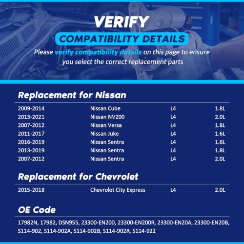 Image of 17982 New Starter Motor Fit for 2007-2019 Nissan Sentra 2.0L 1.8L 1.6L, 07-12 Nissan Versa 1.8, 11-17 Juke, 09-14 Cube,13-21 NV200, 15-18 Chevrolet City Express 2.0L L4, Replace# 19317693, S114-955A