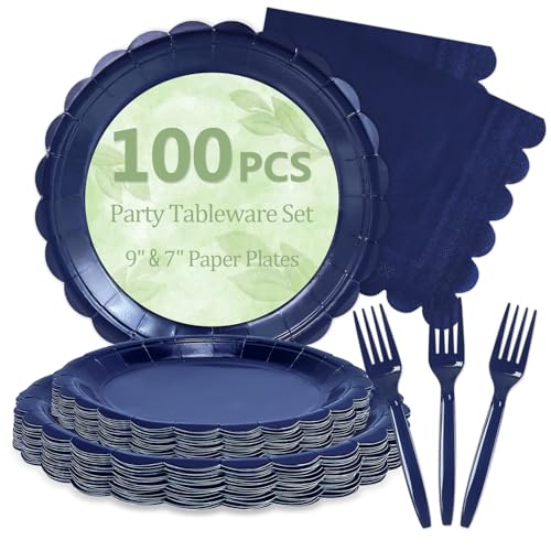 Image of 100 Navy Blue Paper Plates and Napkins Disposable for Party, 25-9 inch&25-7 inch