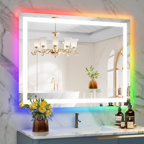 Image of 40x30 Inch RGB LED Bathroom Mirror Front Light and RGB Backlit Lighted Vanity Mirror for Bathroom Wall Mounted Dimmable Anti Fog Memory Shatter-Proof IP54 Waterproof Horizontal /Vertical
