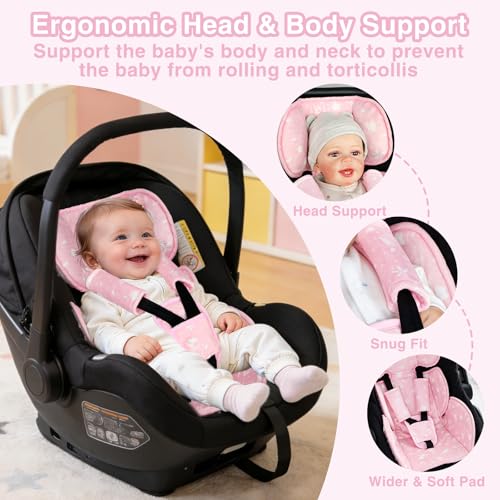 Image of Infant Car Seat Insert, 3 in 1 Ultra-Thick Newborn Carseat Insert with Strap Covers for Girls, Man Fai Sky Universal Car Seat Head Support Baby for Carseat, Strollers, Swings, Bouncer (Pink)