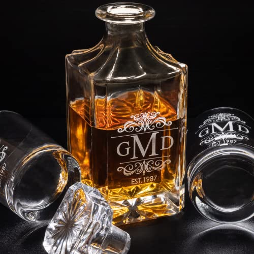 Personalized 750ml Whiskey Decanter and Glass Set – Custom Gifts for Men, Dads, Birthdays, Weddings, Groomsmen
