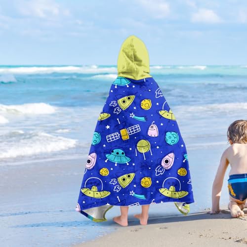 Image of Universe Boys Beach Towel with Hoodie for Kids Toddlers Age 4-8,Starry Sky Blue Bath Towels Shower Wrap for Boys, Hooded Poncho Beach Blanket for Pool Swimming Cute Wearable Bath Towel for Child