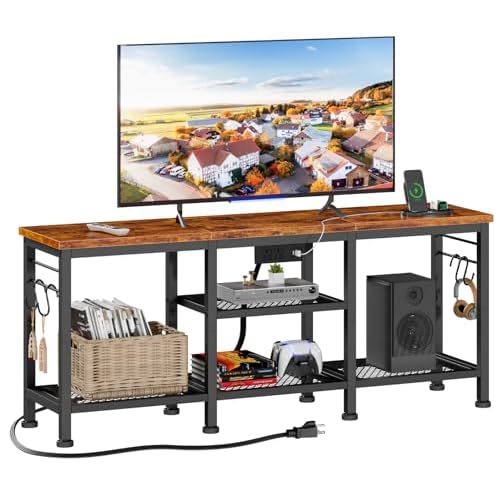 Furologee TV Stand with Power Outlets, Entertainment Center with Open Storage Shelves for TVs up to 55 Inch, TV Media Console Table with Soundbar Shelf for Living Room, Bedroom, Rustic Brown