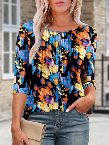 KISSMODA Tunic Tops for Women Loose Fit Dressy Round Neck Pleated 3/4 Length Sleeve Spring Tops