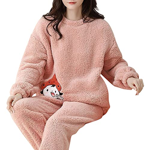 Ryoizen Herbst Winter Pyjamas Damen Lang Nachtwäsche Winter Warm Hausanzug Coral Fleece Nachtwäsche Süße Plüsch Schlafanzug Mit Lange Oberteile Und Hosen(rosa1,M) Cover