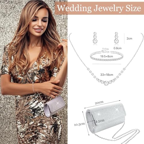 Silver Jewelry Set for Women Rhinestone Prom Choker Necklace Earrings Bracelet Clutch Purse Silver Accessories Bride Bridesmaid Crystal Bridal Jewelry for Wedding Engagement Party Prom Accessories4