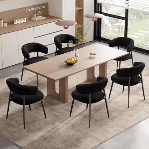 Daluvenix Dining Chairs Set of 6, Mid Century Modern Kitchen Chairs, Boucle Upholstered Dining Chair with Curved Backrest & Metal Legs for Kitchen Dining Room, Black