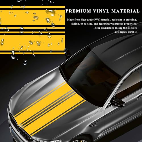 Image of 2 PCS Car Hood Sticker, 70.9 inch x 7.3 inch Waterproof Racing Stripes Auto Body Side Decals, Sports Style Hood Sticker Exterior Decoration for Most Vehicles, Car Accessories (Yellow)