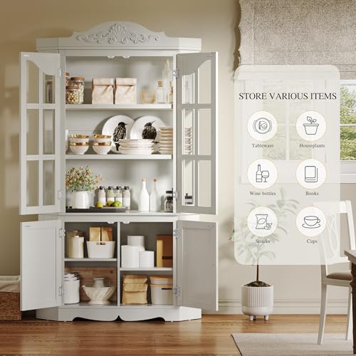 DWVO Carved Storage Cabinet, Tall Modern 5-Tier Large Glass Display Curio Pantry Hutch Buffet Cabinets Bookshelf w/Glass Doors and Shelves for Home Office Kitchen Living Dining Room, Retro White