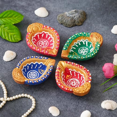 Image of eCraftIndia Set of 4 Multicolor Decorative Clay Diyas Terracotta Deepam Oil Lamps, Mitti Diya for Diwali, Lakshmi Puja, Navratri, Ganesh Chaturthi - Diwali Decoration Items for Home Decor