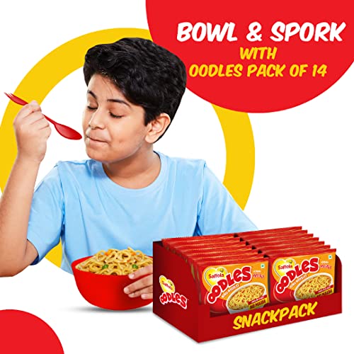 Image of Saffola Oodles, Instant Noodles, Ring Shape, Yummy Masala Flavour, No Maida, Whole Grain Oats, Snackpack Offer, Bowl and Spork, 14 x 53 Grams Pouch (14 Serves), Small
