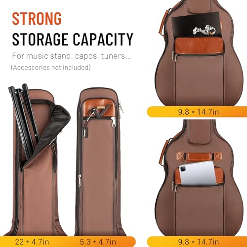 Image of The Melod Acoustic Guitar Gig Bag,Case,Cover, Premium Brown Leather-Trimmed Case with Multiple Storage Pockets, Heavy Duty Padded Protection