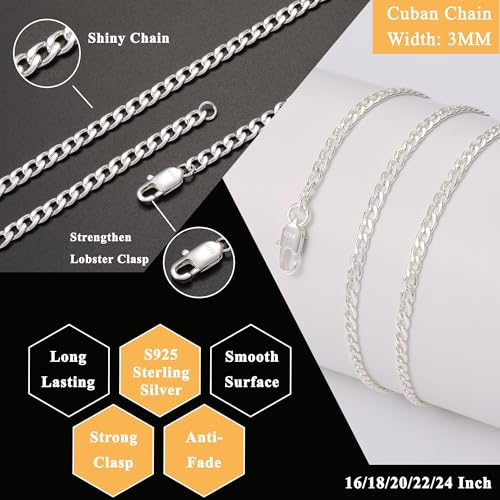 Avotto S925 Sterling Silver 3mm/5mm Thick Cuban Chain for Men Sturdy Mens Silver Gold Chain Non-Fading Cuban Chain Necklace Valentine Jewelry Gifts for Him 16/18/20/22/24/26/28 Inch2
