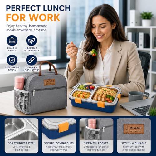 Image of Misamo Enterprise Lunch Box with Insulated Lunch Bag Combo, 3 Compartment Stainless Steel Lunch Box with Spoon & Fork, Leak Proof Food Container for School, Office & Travel (Grey Bag+Blue Lunch Box)