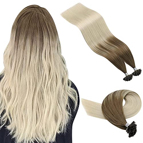 YoungSee Hair Extensions U Tip Human Hair 18inch Hot Fusion U Tip Hair Extensions Balayage Golden Blonde to Platinum Blonde Human Hair U Tip Extensions Keratin Hair Extensions 1g/s 50strands