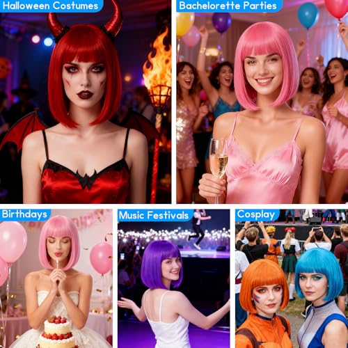 Image of 2 Pack Blue Bob Wigs with Heart Sunglasses for Women Men, Colorful Neon Bob Wig with Black Hair Cap for Christmas Halloween Party Bachelorette Photography Music Festival Princess Party