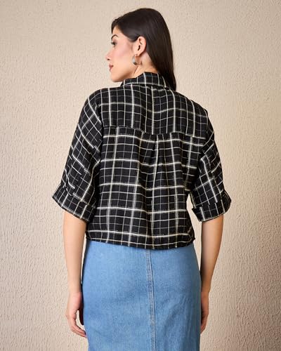 Image of Chimpaaanzee Women Checks Half Sleeve Crop Shirt