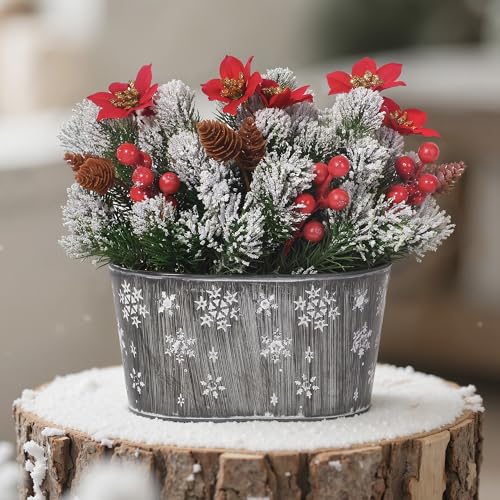 Christmas Centerpiece Table Decorations, Artificial Norfolk Pine with Poinsettia Flowers, Pine Cones & Berries in Metal Planter, Dining Table & Coffee Table Centerpiece for Christmas Décor, 1-Pack